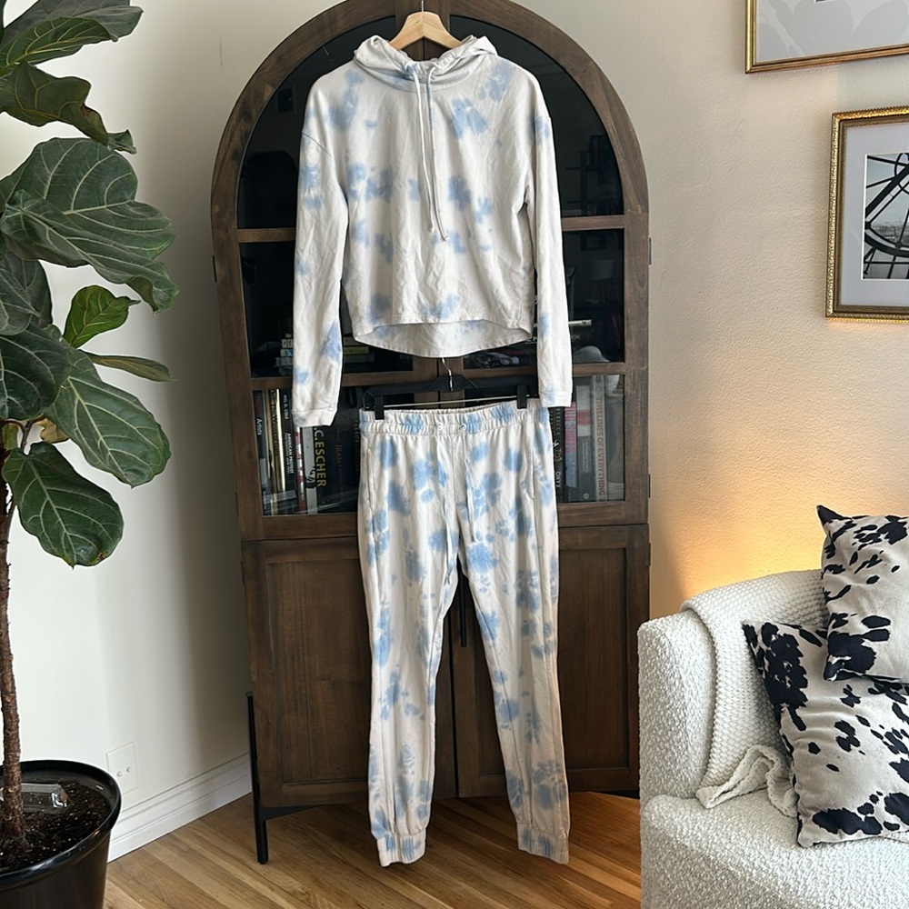Matching Hoodie Sweatpants Set Blue White Tie Dye